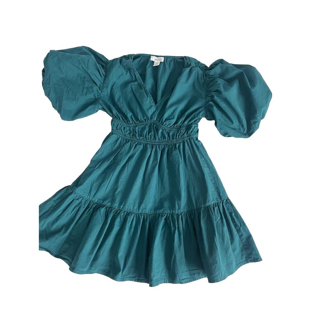 Japna Dress Womens Med. Blue Mini Tiered Puff Sleeve Boho Feminine Babydoll